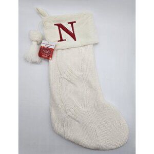 Christmas Stocking St. Nicolas Square Ivory Initial Monogram Letter "N" Faux Fur